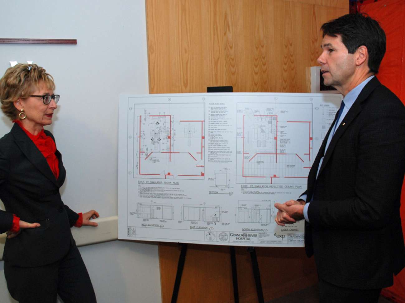 MPP Daiene Vernile and Minister Hoskins review renovation plans to install a second CT simulator at GRH.