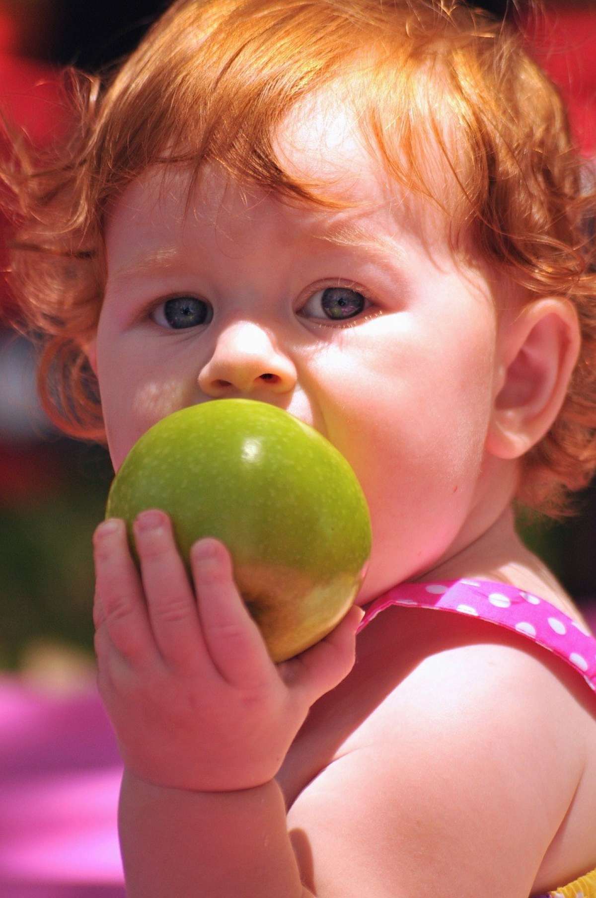 A young girl eating an apple