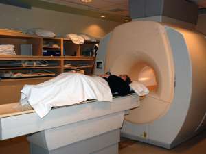 A patient receiving an MRI test