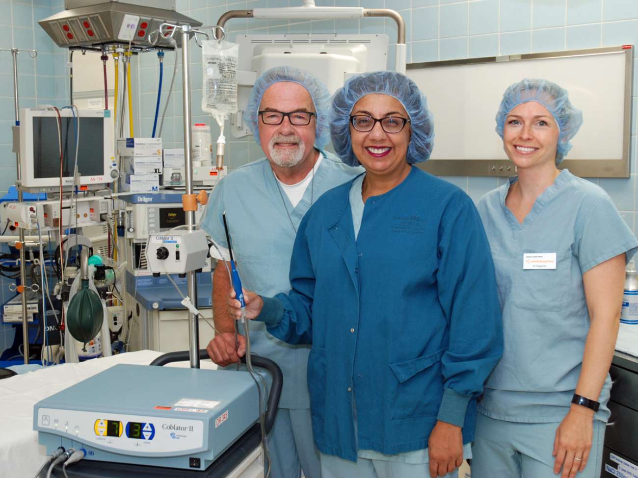 Joining Dr. Bindlish are GRH operating room manager Bob Frey and Erin Bruggeman, the representative for coblation provider Smith and Nephew.