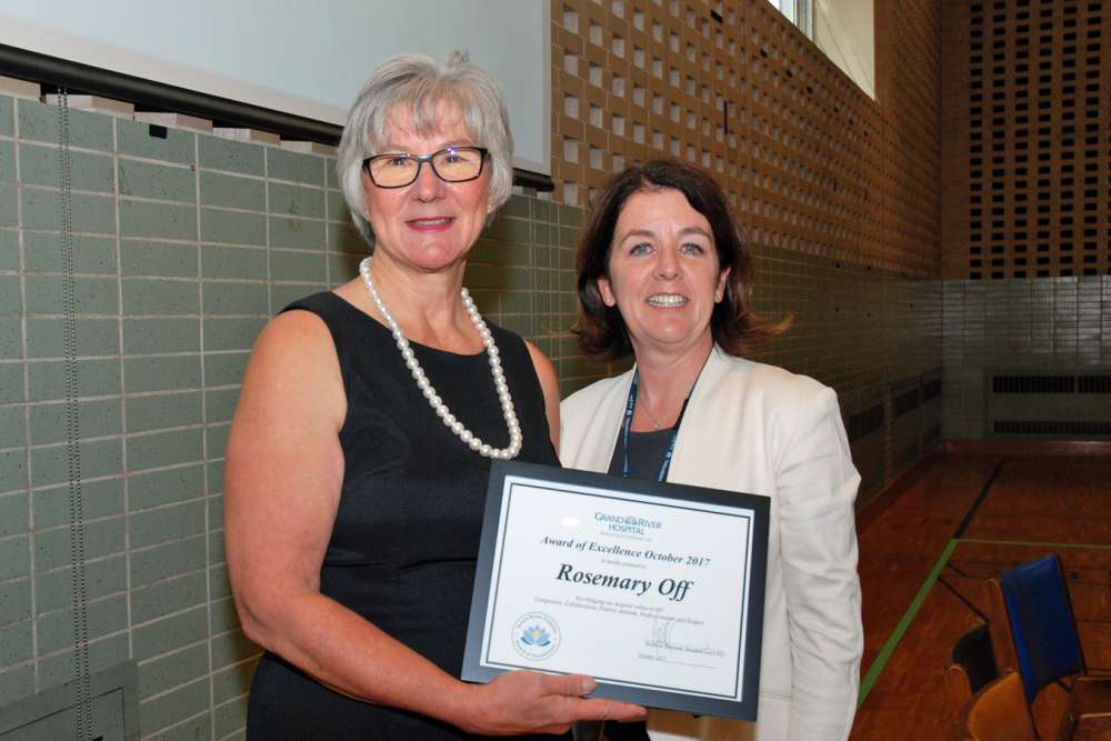 Rosemary Off (left) receives her award from GRH VP Judy Linton
