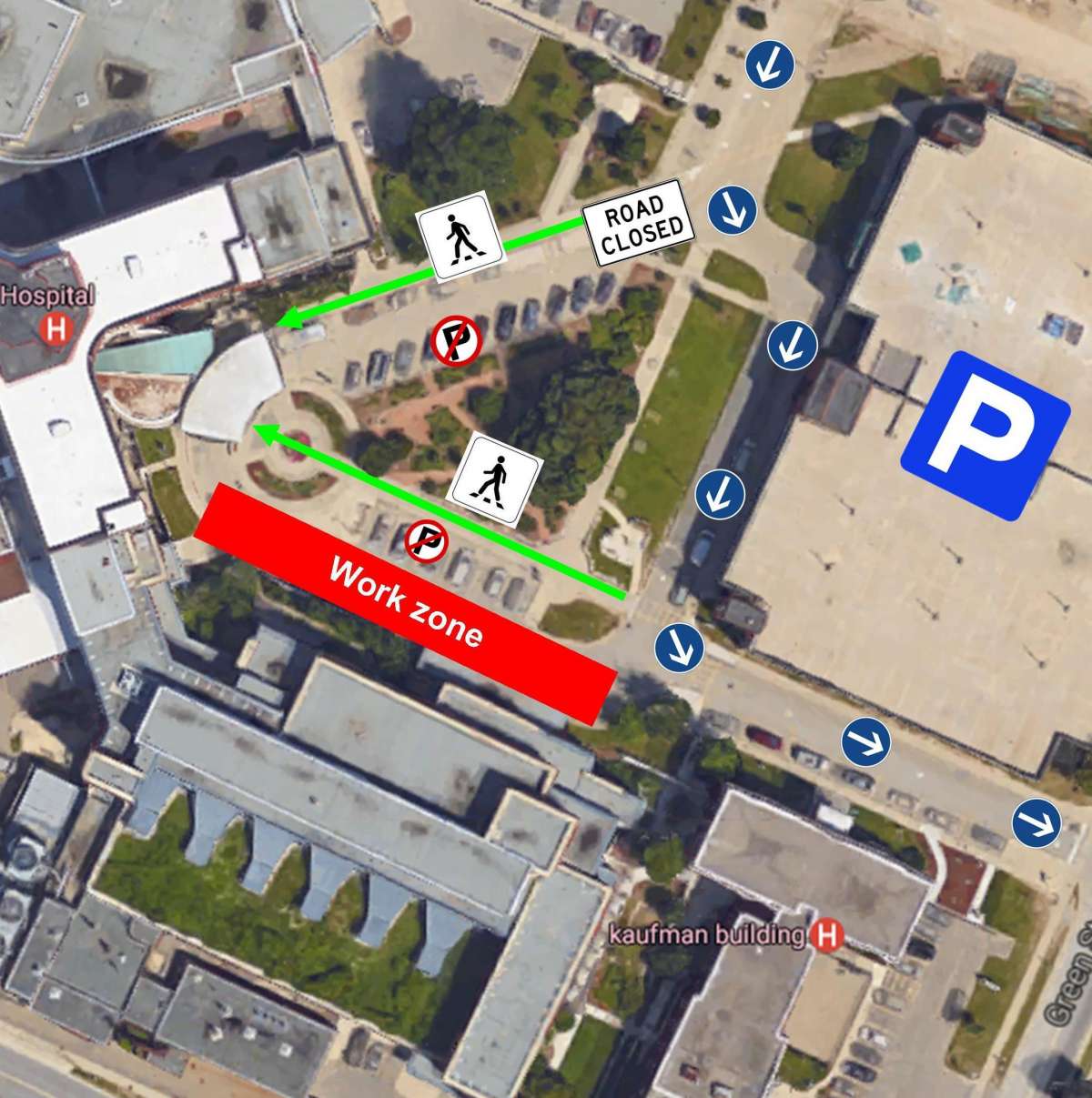 A map showing the closed main driveway at the KW Campus on Sunday January 29th. Vehicles will be re-routed. Pedestrians will still be able to access the main entrance of the hospital.