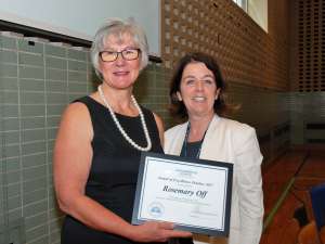 Rosemary Off (left) receives her award from GRH VP Judy Linton