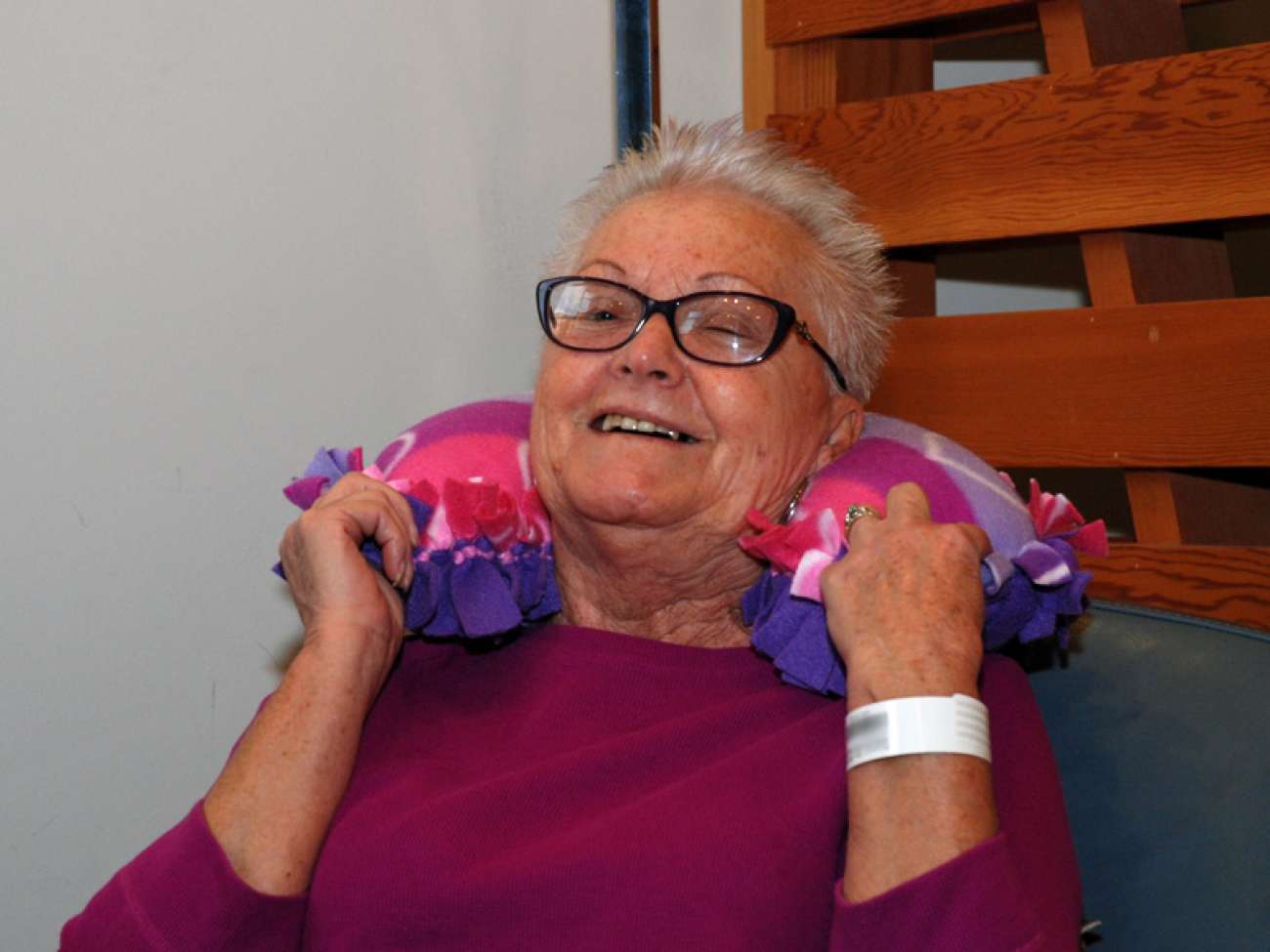 GRH patient Hildegard Anderson loves her huggy pillow, which has helped her feel more comfortable while she undergoes treatment.