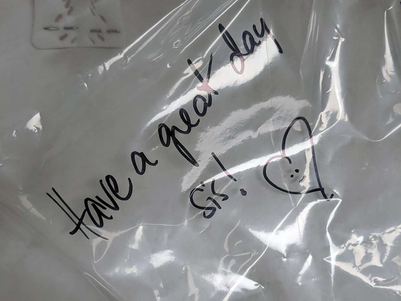 MDRD technicians have been writing short notes of encouragement on the packaging of reprocessed masks