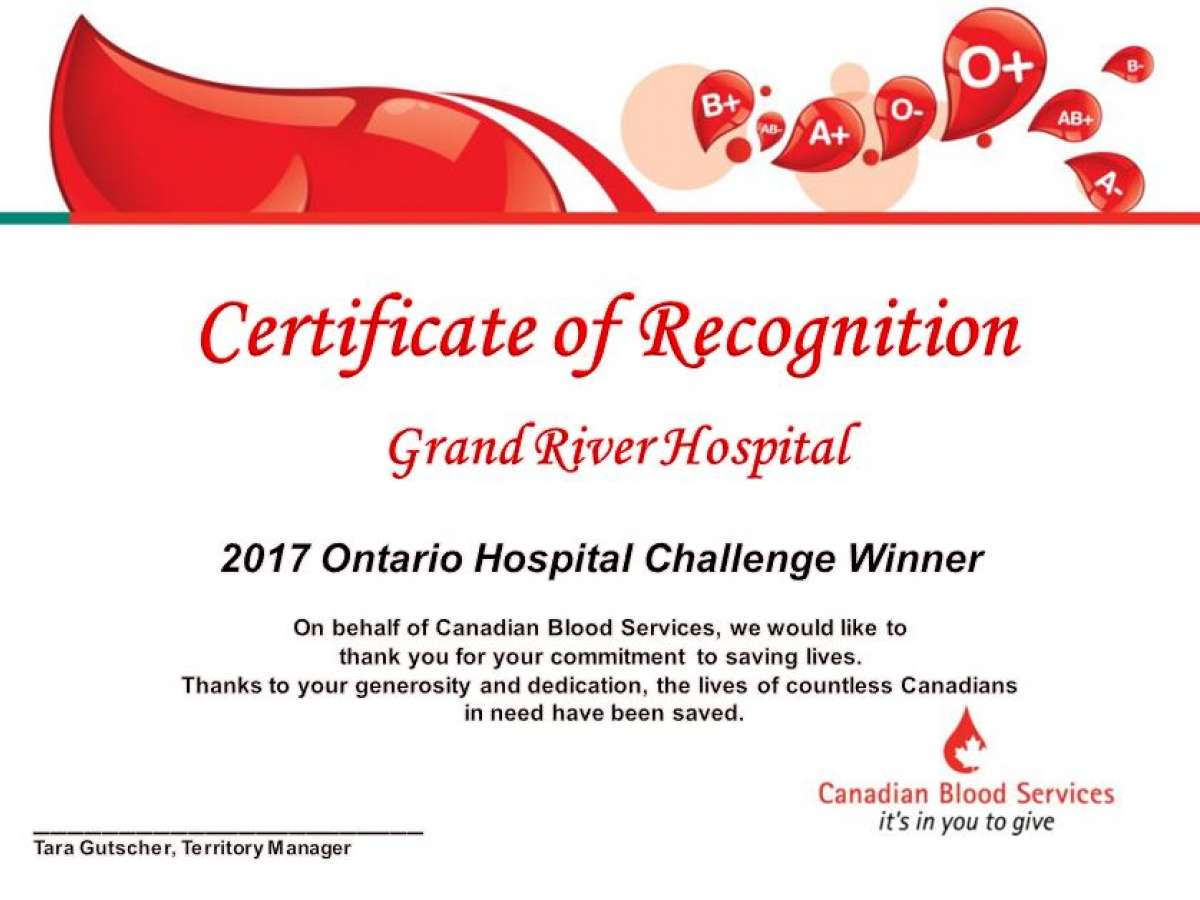 GRH's certificate for Ontario Hospitals' blood donor challenge for May 2017