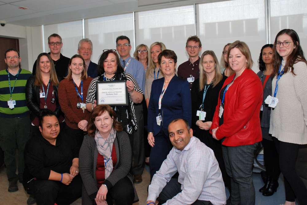 Members of Grand River Hospital’s child and adolescent inpatient mental health unit team as they won the hospital's latest award of excellence for their exceptional care.