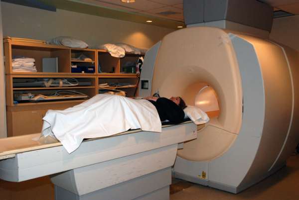 A patient receiving an MRI test