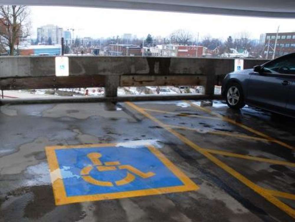 Accessible parking spots in the Grand River Hospital parking garage.