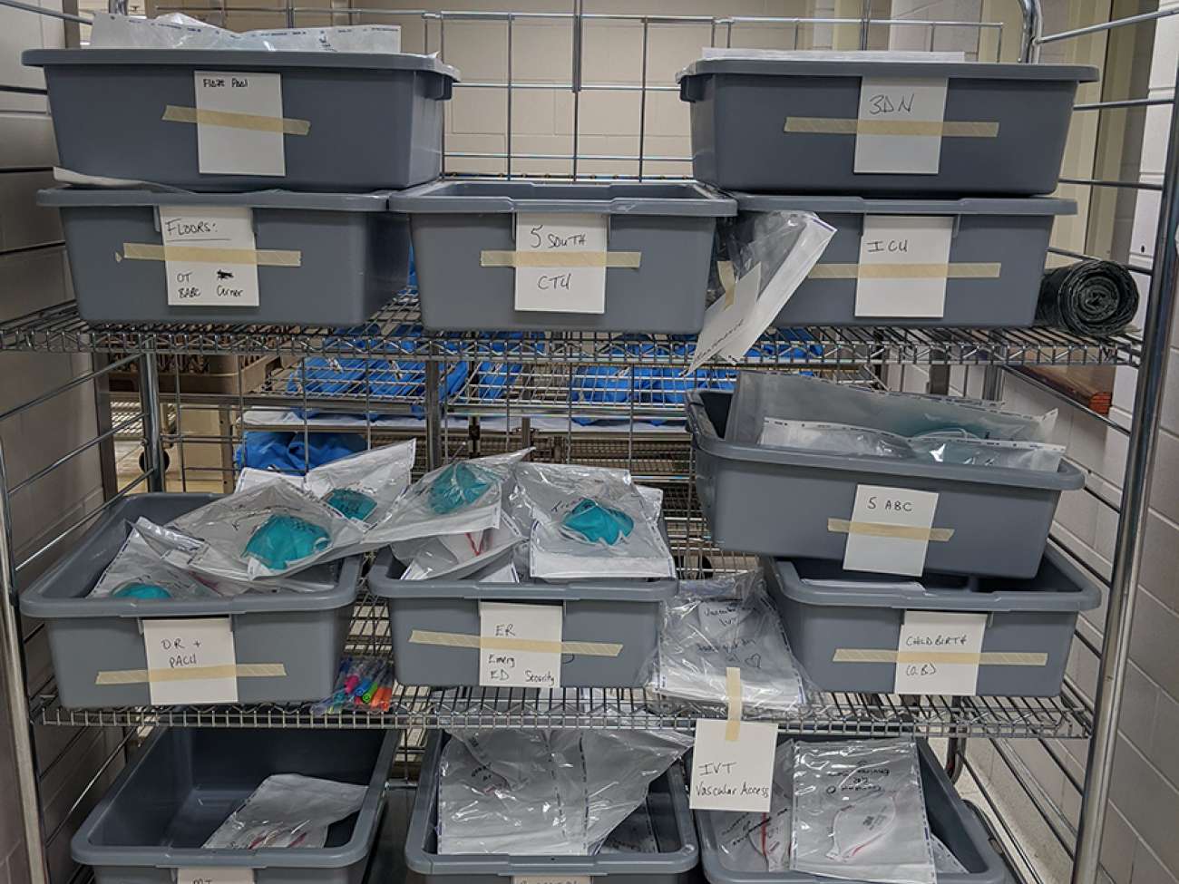 All masks shown here are reprocessed, organized by floor and department, and ready to go into storage